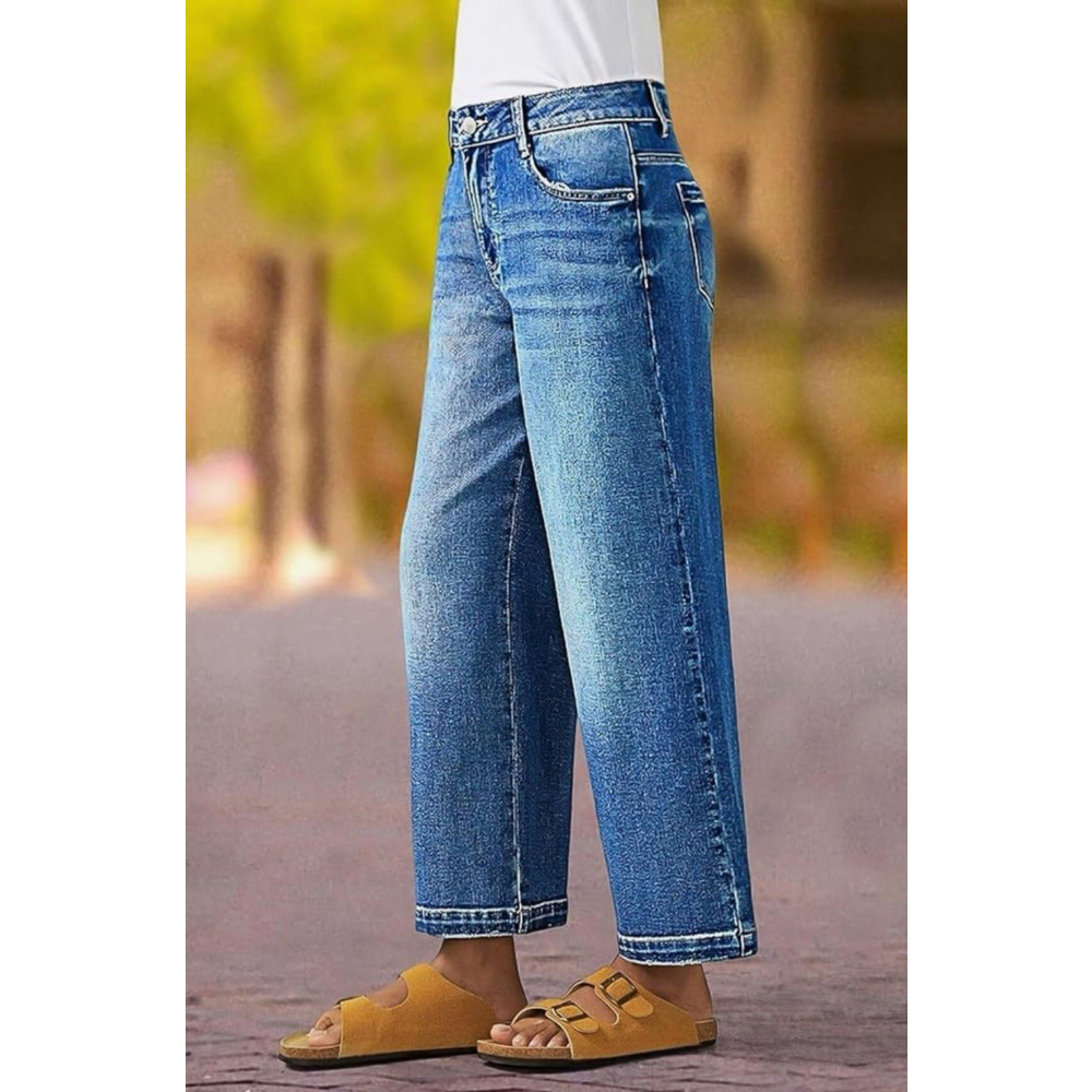Flamingals Wide Straight Leg Cropped Jeans Women Mid Rise Baggy Casual Wash M - Picture 2 of 6